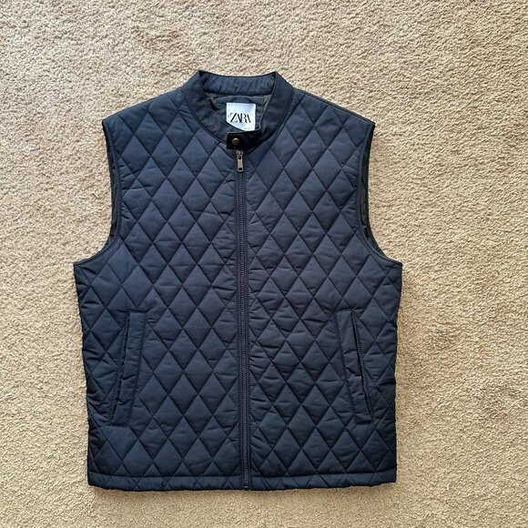 Zara Vest Womens Large Full Zip Mock Neck Quilted Navy Blue Pockets - Picture 1 of 11
